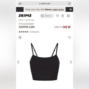 SKIMS FITS EVERYBODY CROPPED CAMI BLACK NWT NEVER WORN